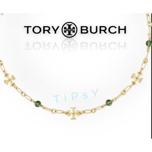Tory Burch Roxanne Emerald Green Pearl &amp; Gold Chain Link Necklace